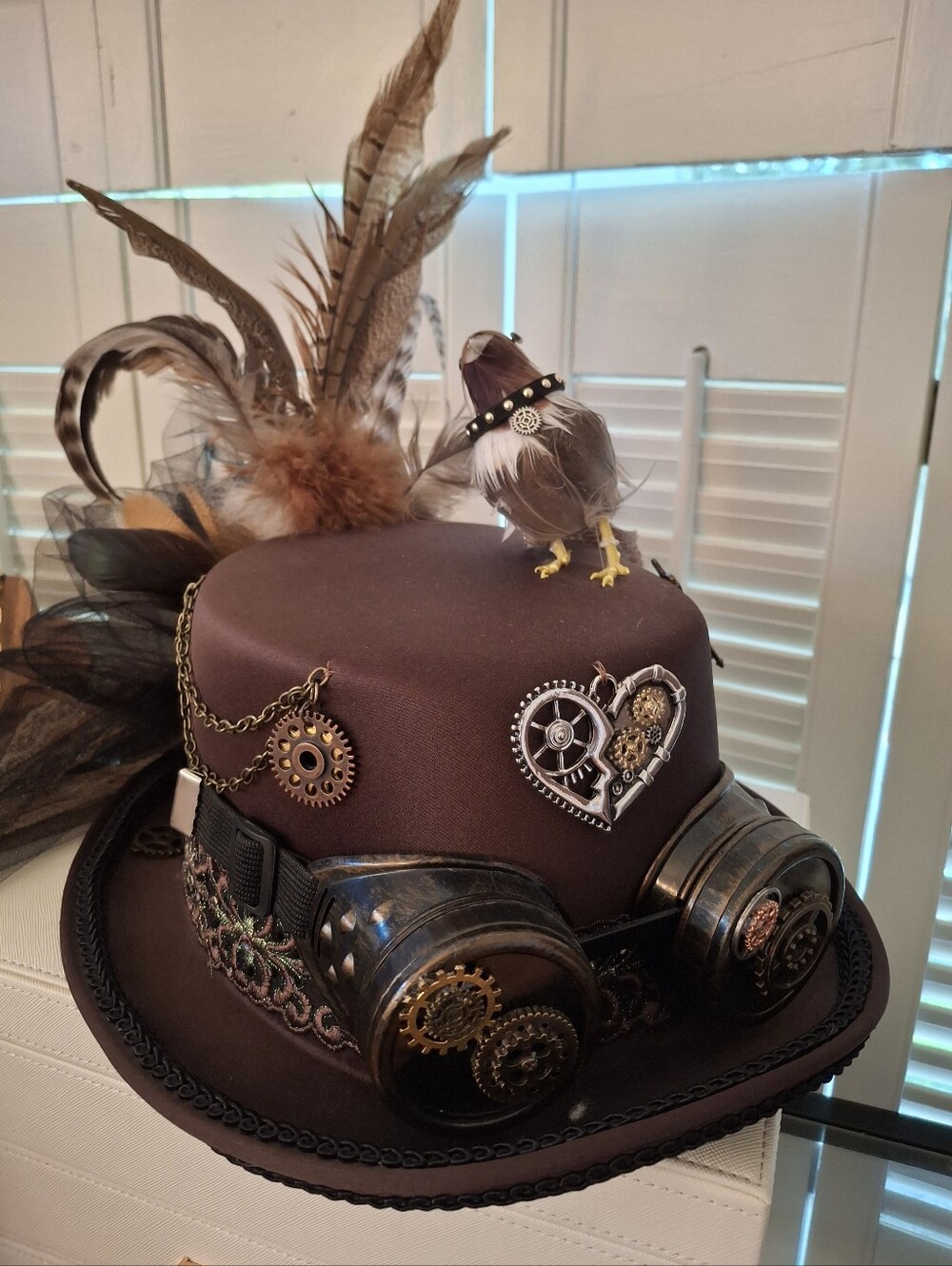 Brown Steampunk Top Hat with Feather and Gear Accents - Picture 9 of 9